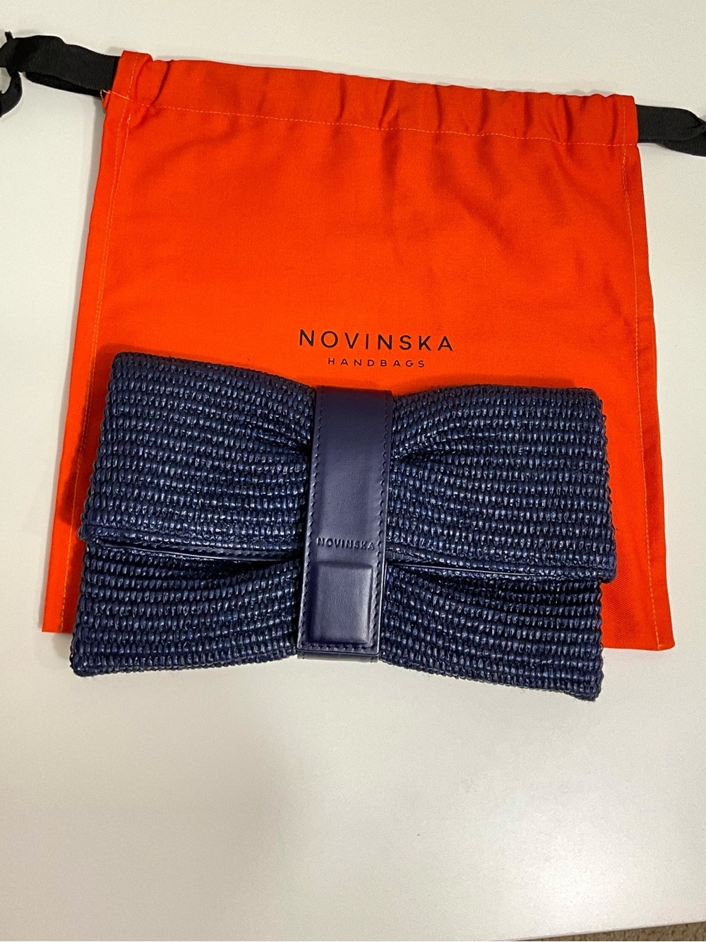 NOVINSKA Navy Blue Woven Foldover Raffia Clutch Bag Lamb Leather